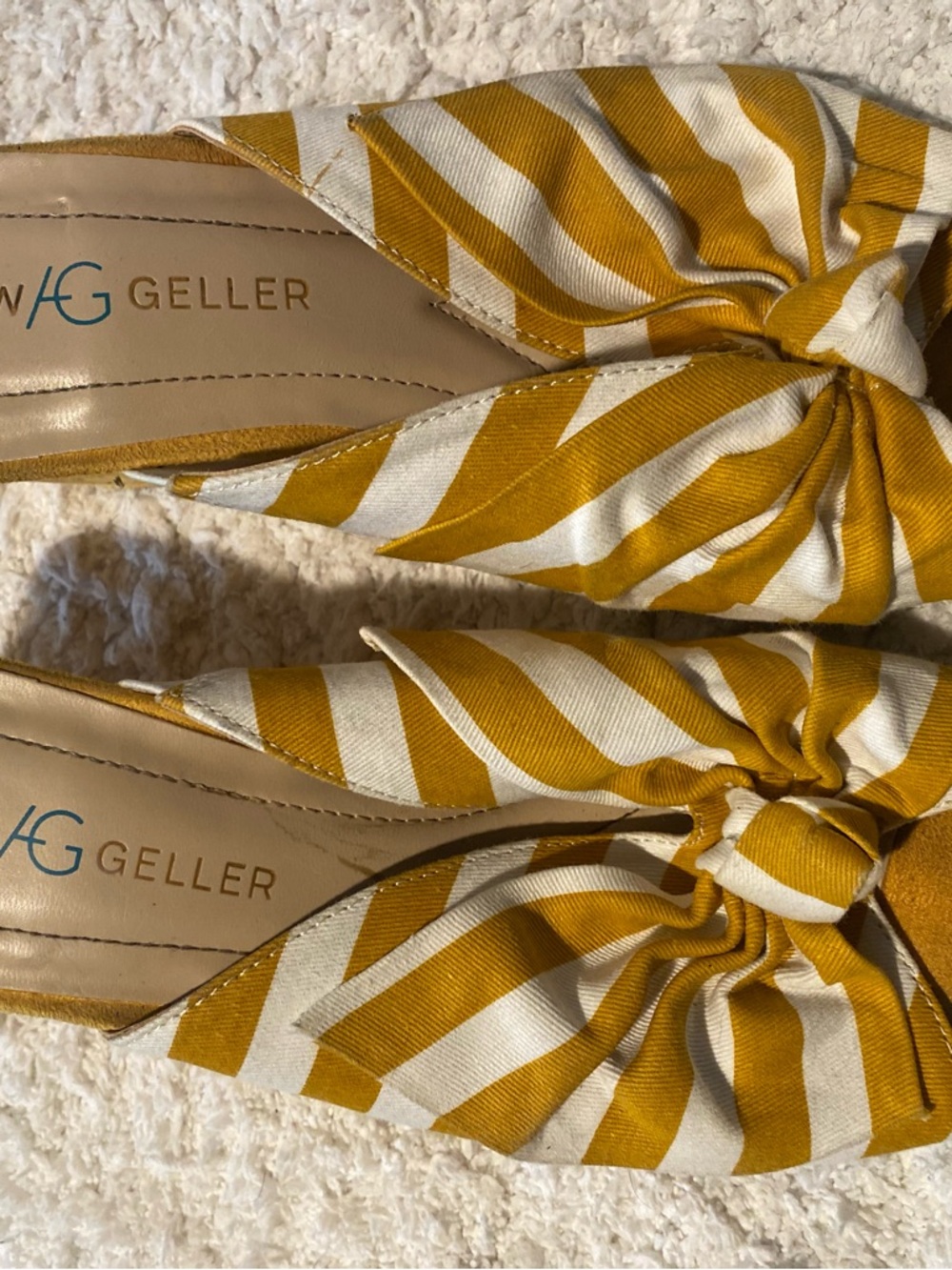 Andrew Geller Mustard and White Striped Knot Mules